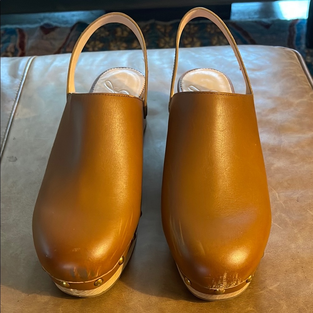 J. Crew Brown Leather Clogs with Gold Studs & Strap